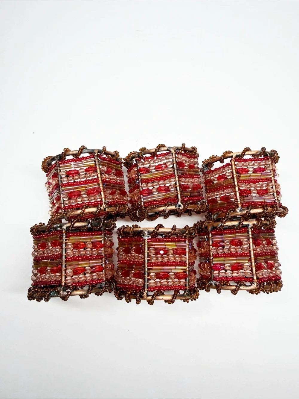Pier 1 Copper Frame Beaded Napkin Rings Red
